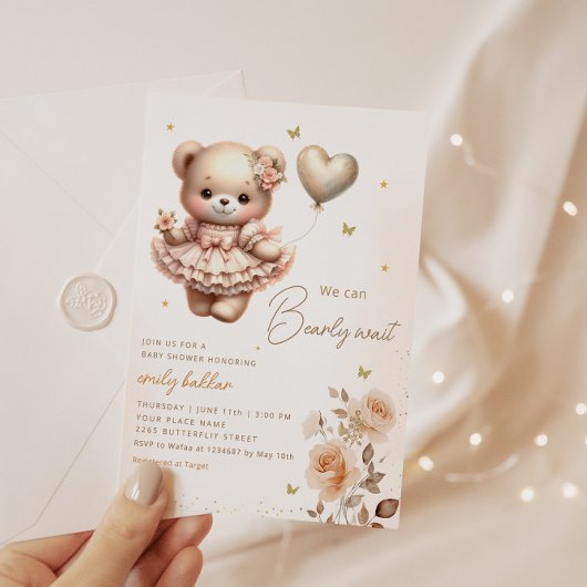 Modern Boho Teddy Bear Balloon Meisje Baby shower Kaart