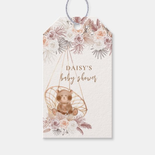 Modern Boho Teddy Bear Pampas Baby shower Cadeaulabel (Voorkant)