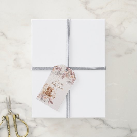 Modern Boho Teddy Bear Pampas Baby shower Cadeaulabel (Met Touw)