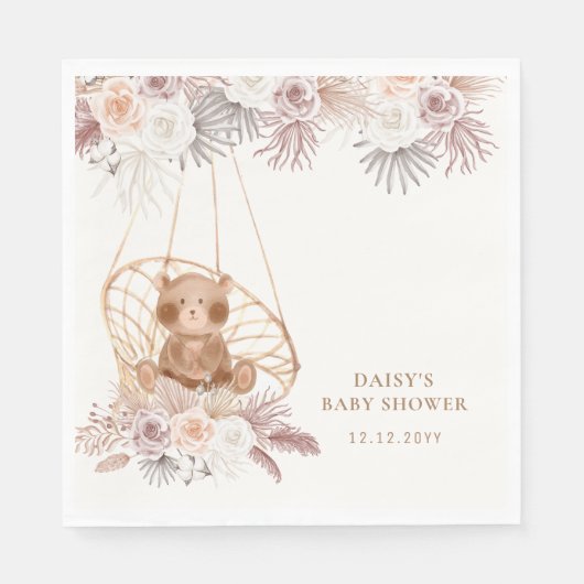 Modern Boho Teddy Bear Pampas Baby shower Servet (Voorkant)