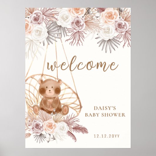 Modern Boho Teddy Bear Pampas Baby shower Welkom Poster (Voorkant)