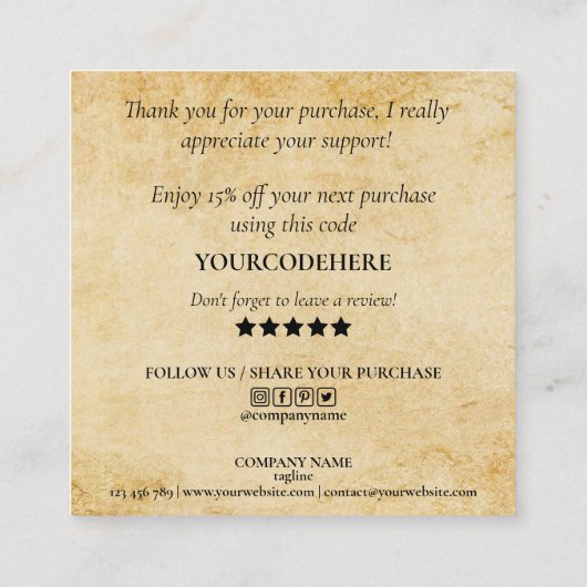 modern boho terracotta bedankt voor je bestelling vierkante visitekaartje (Achterkant)