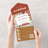 Modern Boho Terracotta Floral Retro Wedding All In One Uitnodiging (Afscheurbaar)