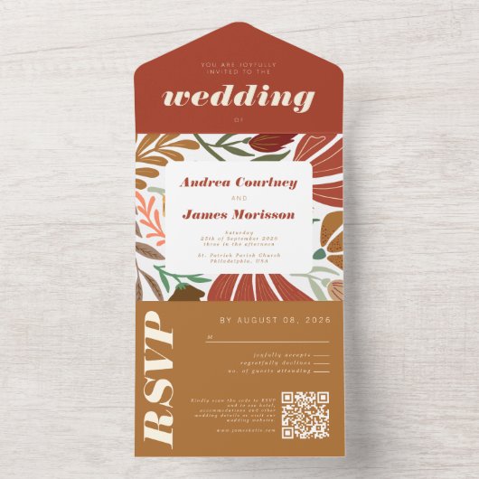 Modern Boho Terracotta Floral Retro Wedding All In One Uitnodiging (Binnen)