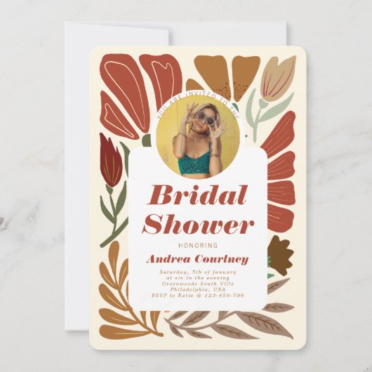 Modern Boho Terracotta Floral Vrijgezellenfeest Fo Kaart (Voorkant)