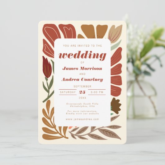 Modern Boho Terracotta Herfst Floral Wedding Kaart (Staand voorkant)