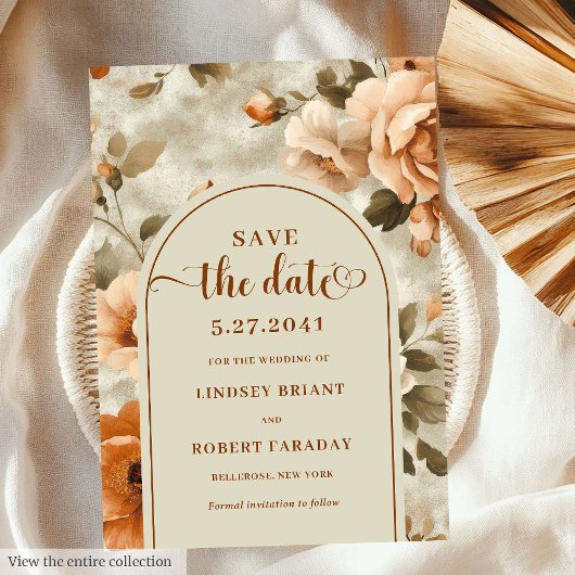 Modern Boho Terracotta Olive Floral Save The Date Kaart