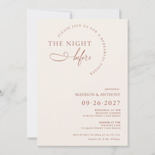 Modern Boho Terracotta Script Rehearsal Dinner Kaart (Voorkant)