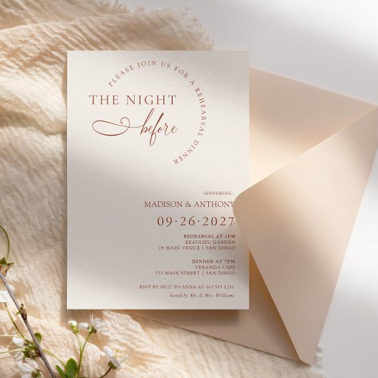 Modern Boho Terracotta Script Rehearsal Dinner Kaart