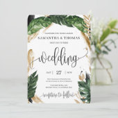 Modern Boho tropisch groen laat gouden bruiloft Kaart (Staand voorkant)