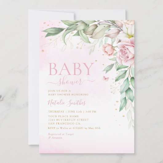 Modern Boho Waterverf Bloemen Meisje Baby shower Kaart (Voorkant)