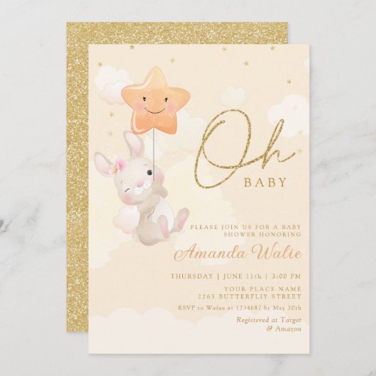 Modern Boho Waterverf Bunny Cute Girl Baby shower Kaart (Voorkant / Achterkant)