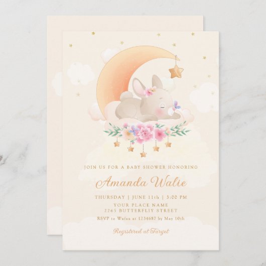 Modern Boho Waterverf Cute Bunny Girl Baby shower Kaart (Voorkant / Achterkant)