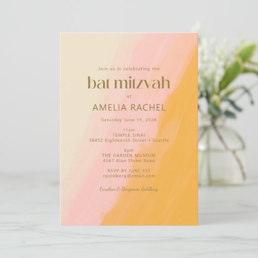 Modern Boho Waterverf Pink Yellow Bat Mitzvah Kaart (Staand voorkant)