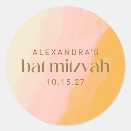 Modern Boho Waterverf Pink Yellow Bat Mitzvah Ronde Sticker (Voorkant)