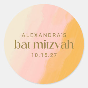 Modern Boho Waterverf Pink Yellow Bat Mitzvah Ronde Sticker