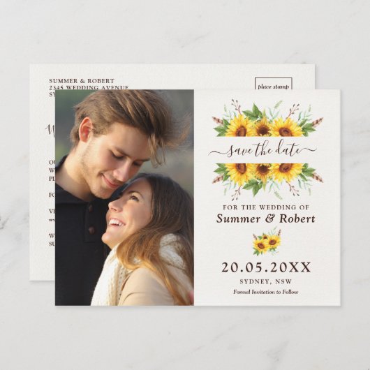 Modern Boho Waterverf Sunflower Save the Date Aankondigingskaart (Voorkant / Achterkant)