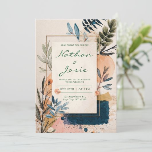 Modern Boho Waterverf Wedding Uitnodiging (Staand voorkant)