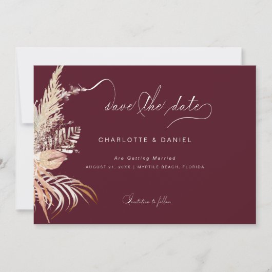Modern Boho Whimsical Calligrafie Script Bourgondi Save The Date (Voorkant)