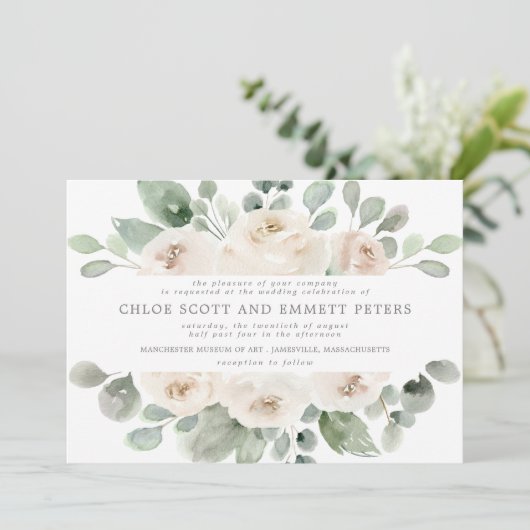 Modern Boho White Rose Floral Wedding Kaart (Staand voorkant)