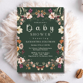 Modern Boho Wildflower Donk Green Baby shower Kaart
