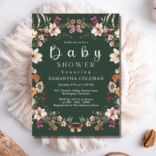 Modern Boho Wildflower Donk Green Baby shower Kaart
