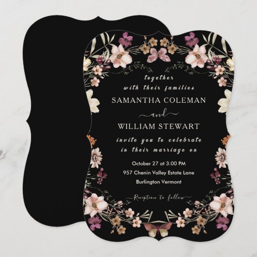 Modern Boho Wildflower Elegant Black Wedding Kaart (Voorkant / Achterkant)