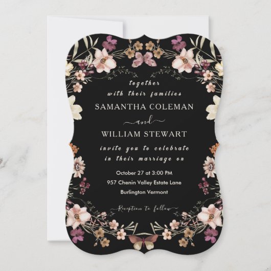 Modern Boho Wildflower Elegant Black Wedding Kaart (Voorkant)
