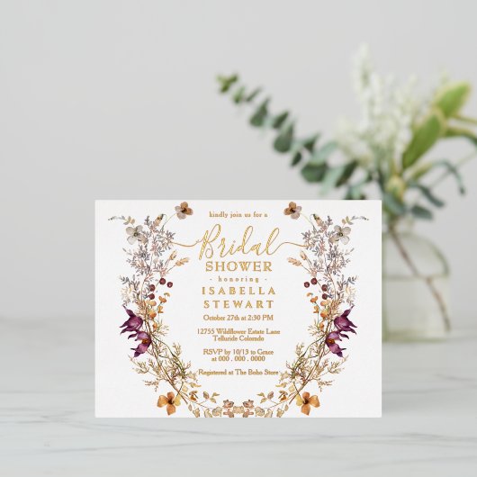Modern Boho Wildflower Elegant Vrijgezellenfeest Folie Uitnodiging Briefkaart (Staand Voorkant)