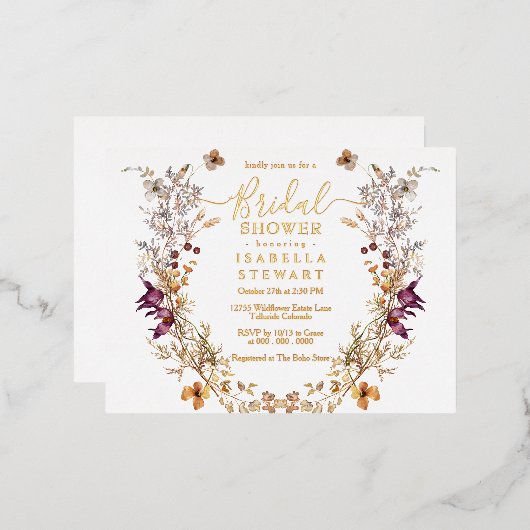 Modern Boho Wildflower Elegant Vrijgezellenfeest Folie Uitnodiging Briefkaart (Voorkant / Achterkant)