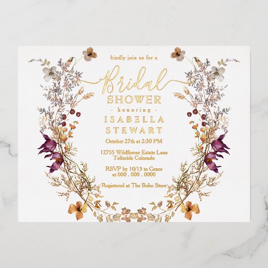 Modern Boho Wildflower Elegant Vrijgezellenfeest Folie Uitnodiging Briefkaart (Voorkant)