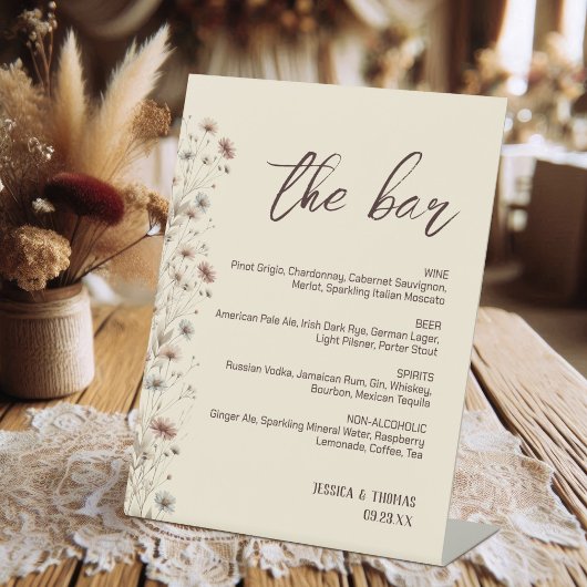 Modern Boho Wildflowers Wedding Bar & Drinken Menu Reclamebord Met Voetstuk