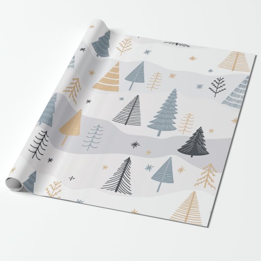 Modern Boho Winter Dennenboom Patroon Cadeaupapier (Uitgerold)