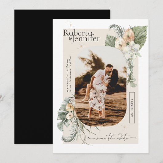 Modern Boho Woestijn | Bloemige Foto Save the Date (Voorkant / Achterkant)