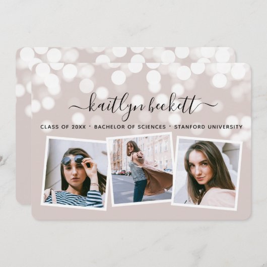 Modern Bokeh Lights 3 Foto Afstuderen Aankondiging (Voorkant / Achterkant)