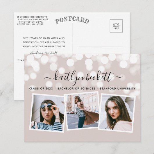 Modern Bokeh Lights 3 Foto Afstuderen Aankondigingskaart (Voorkant / Achterkant)