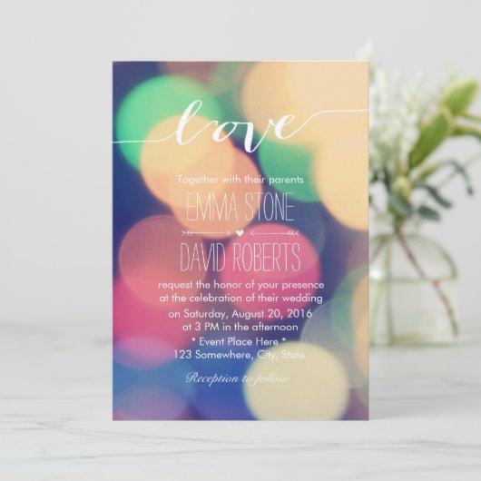Modern Bokeh Lights Elegant Script Love Wedding Kaart (Staand voorkant)