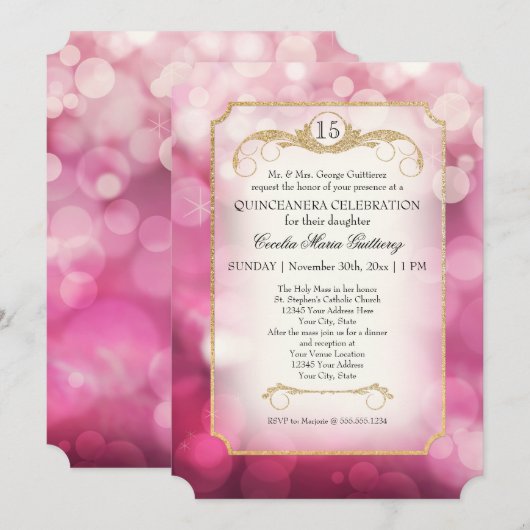 Modern Bokeh Sparkle Pink Twinkle Quinceanera Kaart (Voorkant / Achterkant)