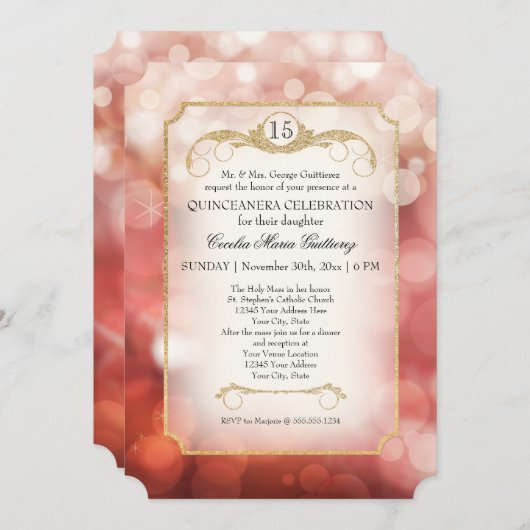 Modern Bokeh Sparkle Roos Twinkle Quinceanera Kaart (Voorkant / Achterkant)