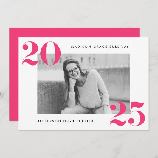 Modern Bold 2025 Hot Pink Photo Graduation Party Kaart (Voorkant / Achterkant)