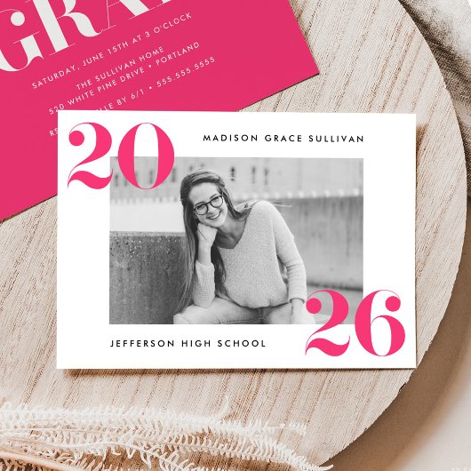 Modern Bold 2025 Hot Pink Photo Graduation Party Kaart