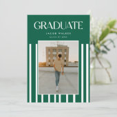 Modern Bold 2-Photo Green Striped Graduation Aankondiging (Staand voorkant)