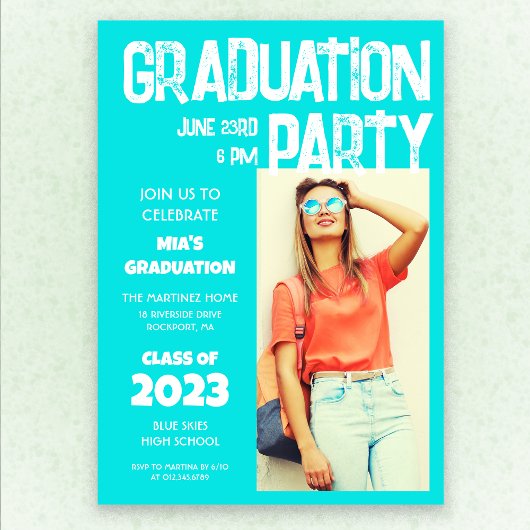 Modern Bold Aqua Blue Photo 2023 Afstuderen Kaart