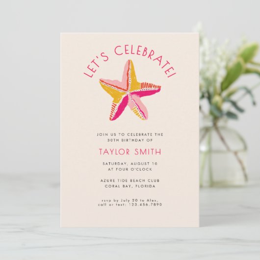 Modern Bold Beach Starfish Roze Verjaardagsfeest Kaart (Staand voorkant)