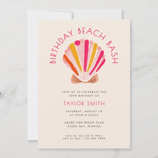 Modern Bold Beach Zomer Shell Roze Verjaardagsfees Kaart (Voorkant)