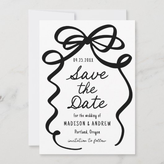 Modern Bold Black Bow foto bruiloft Save The Date (Voorkant)