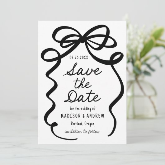 Modern Bold Black Bow foto bruiloft Save The Date (Staand voorkant)