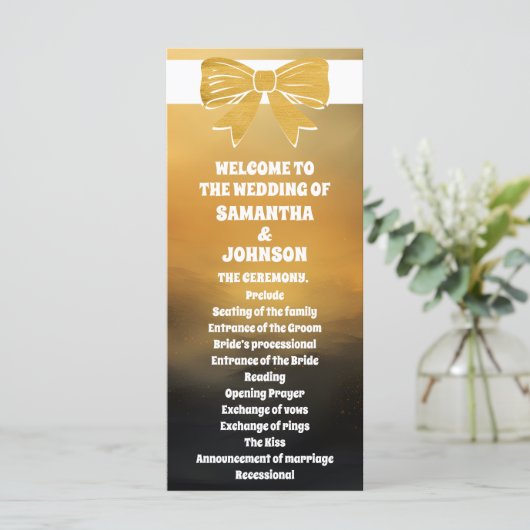 Modern Bold Black Gold Bow Wedding Program Kaart (Staand voorkant)