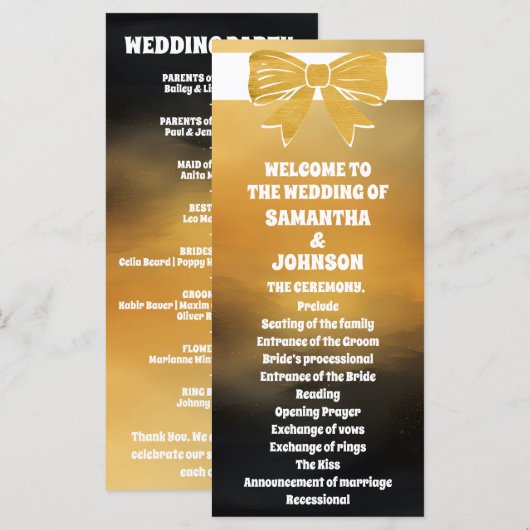 Modern Bold Black Gold Bow Wedding Program Kaart (Voorkant / Achterkant)