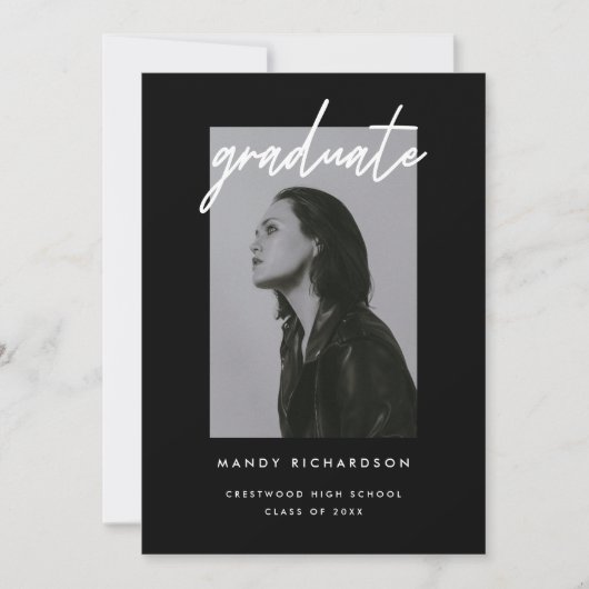 Modern Bold Black Script Photo Graduation Aankondiging (Voorkant)